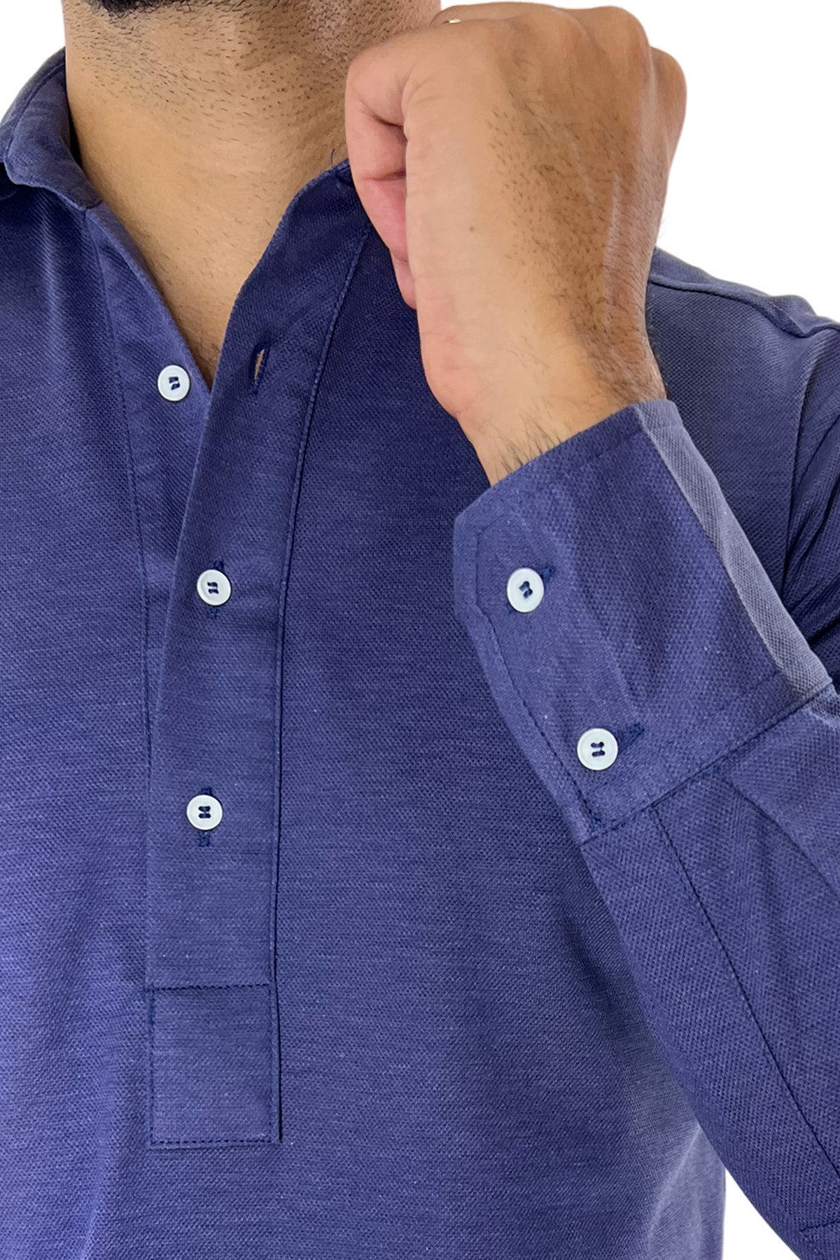 Polo camicia da uomo blu denim trattamento stone wash manica lunga in piquet cotone 100% Canclini