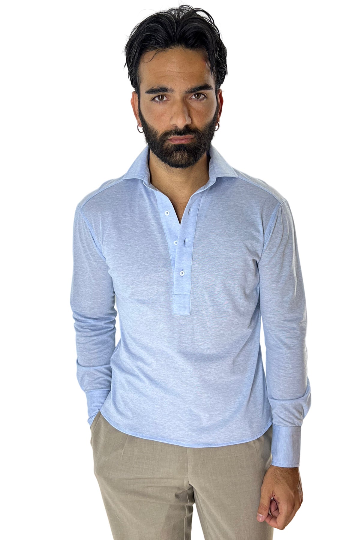 Polo camicia da uomo celeste trattamento stone wash manica lunga in piquet cotone 100% Canclini