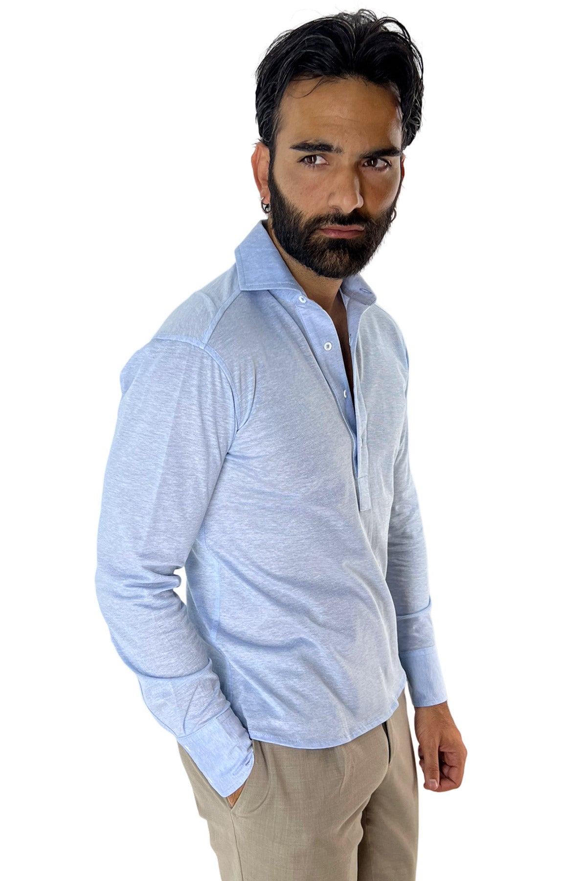 Polo camicia da uomo celeste trattamento stone wash manica lunga in piquet cotone 100% Canclini
