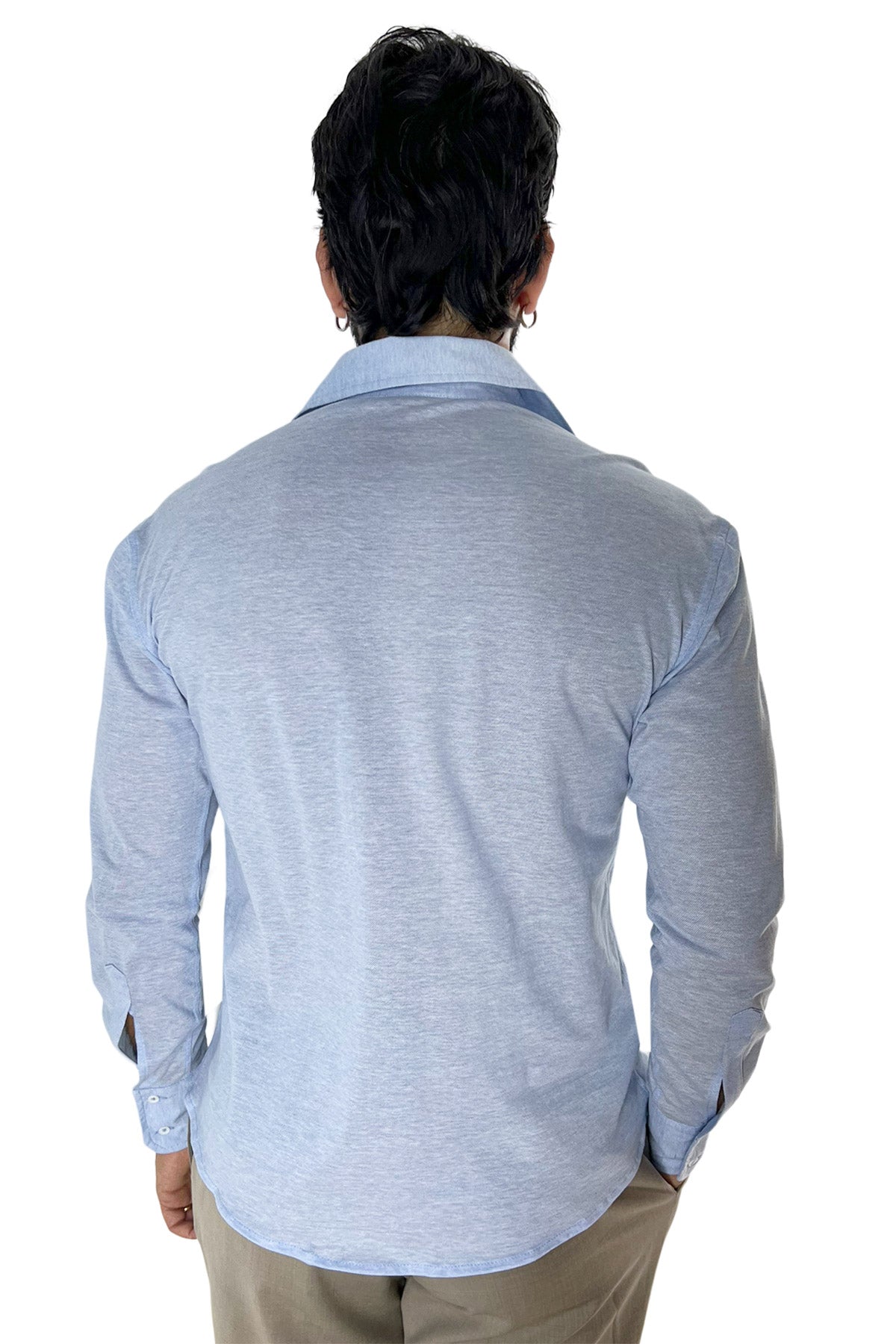 Polo camicia da uomo celeste trattamento stone wash manica lunga in piquet cotone 100% Canclini