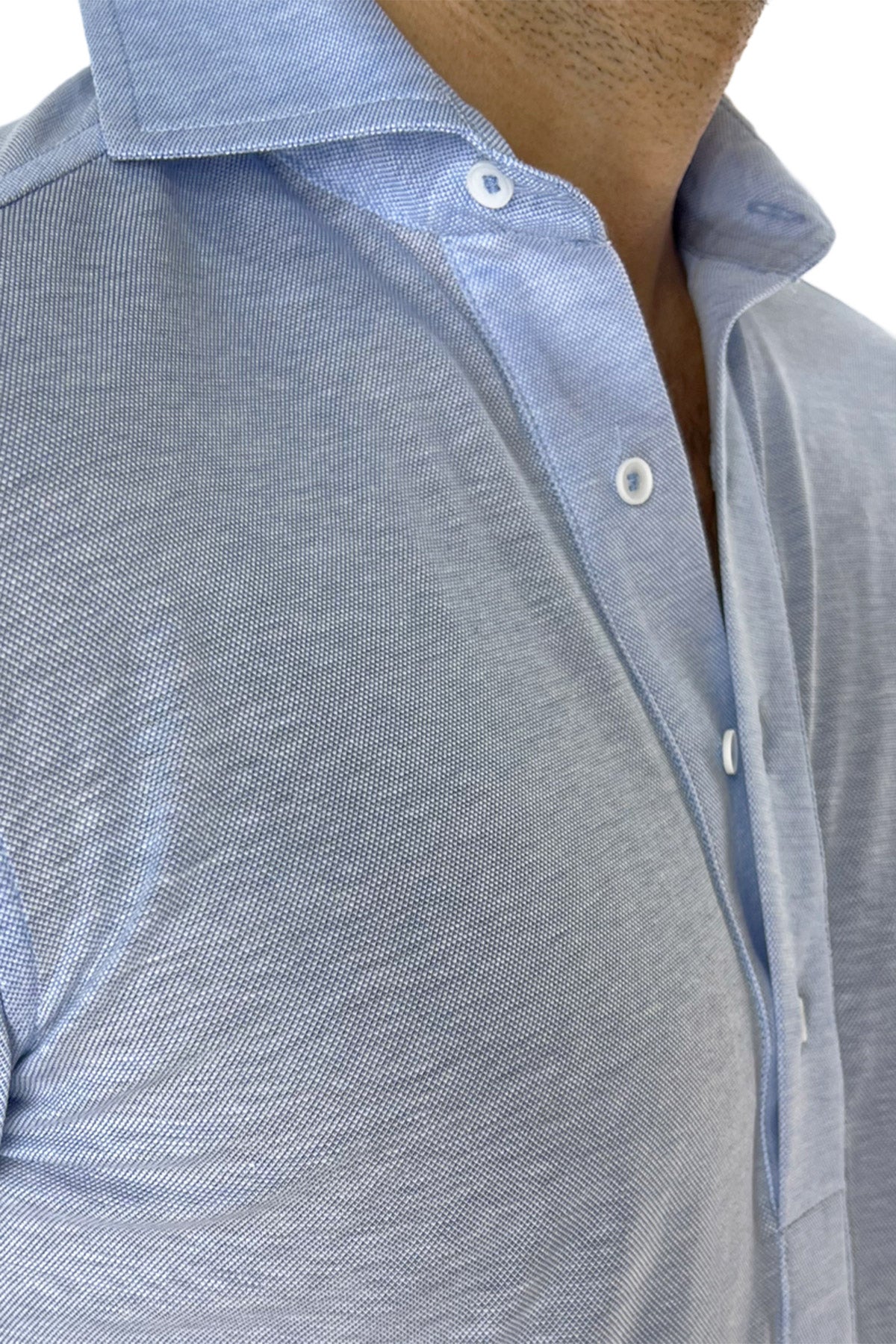 Polo camicia da uomo celeste trattamento stone wash manica lunga in piquet cotone 100% Canclini