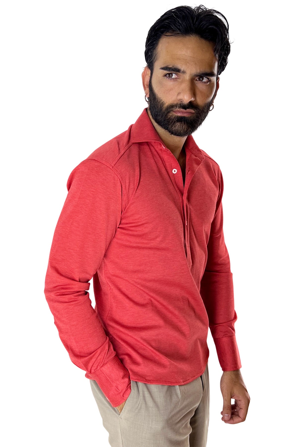 Polo camicia da uomo rossa trattamento stone wash manica lunga in piquet cotone 100% Canclini