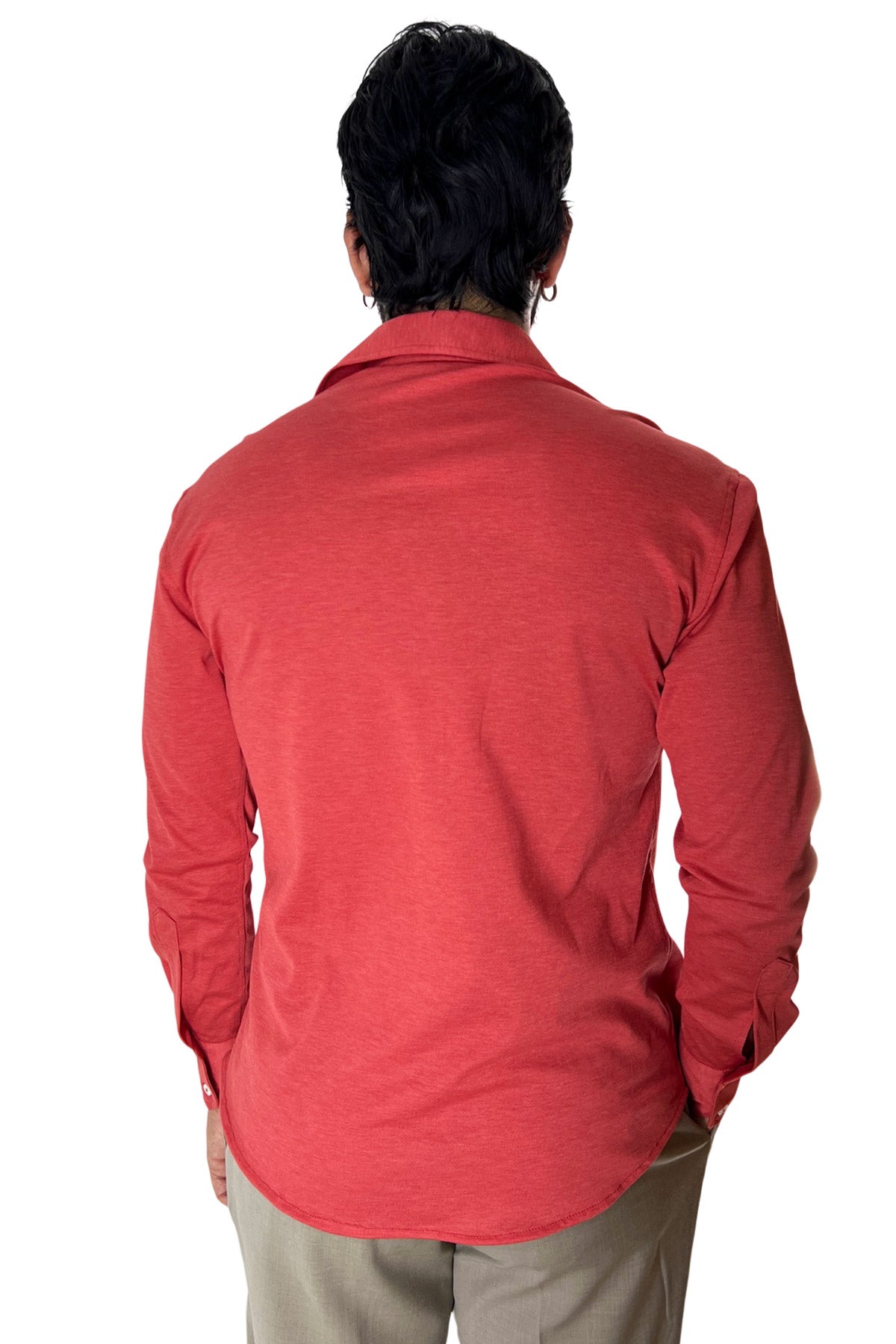 Polo camicia da uomo rossa trattamento stone wash manica lunga in piquet cotone 100% Canclini
