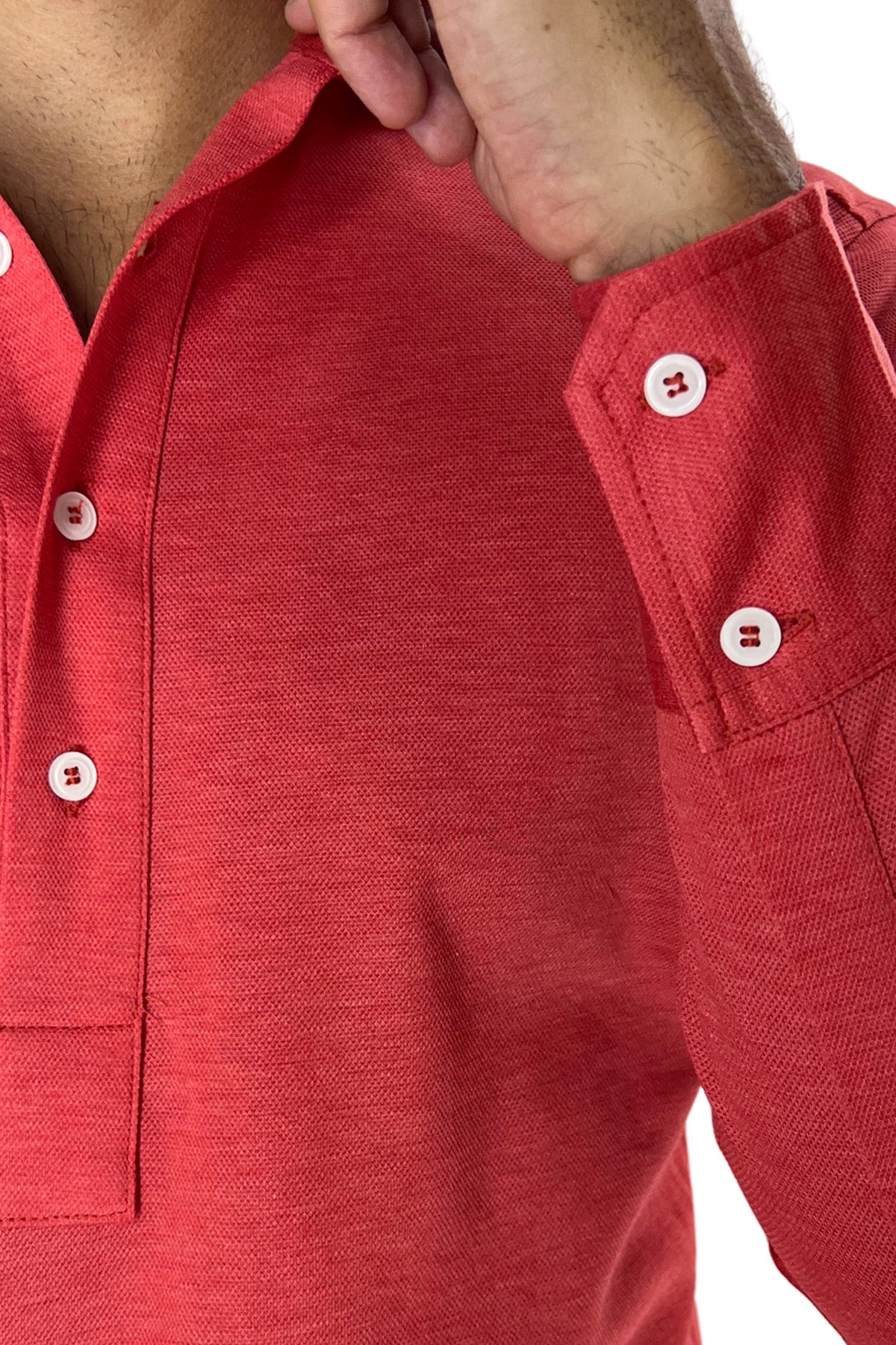 Polo camicia da uomo rossa trattamento stone wash manica lunga in piquet cotone 100% Canclini