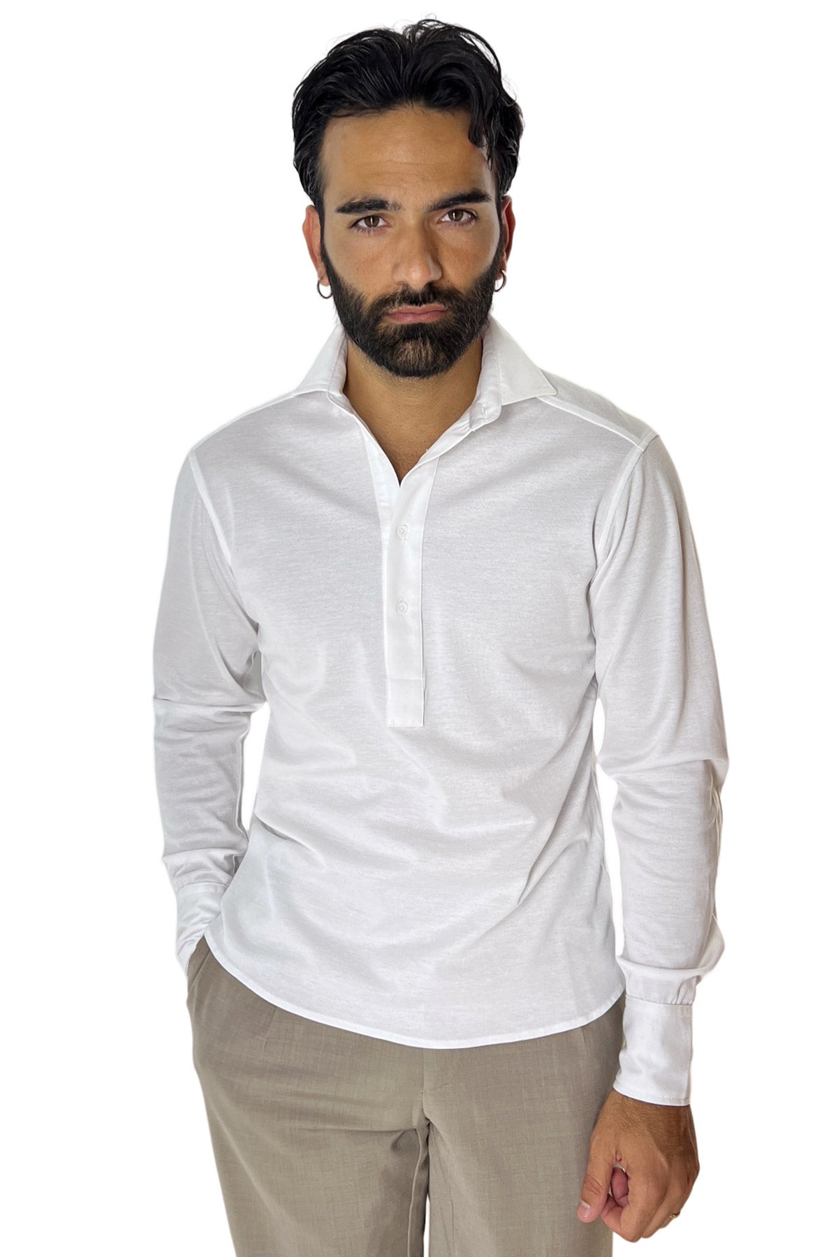 Polo camicia da uomo bianca trattamento stone wash manica lunga in piquet cotone 100% Canclini