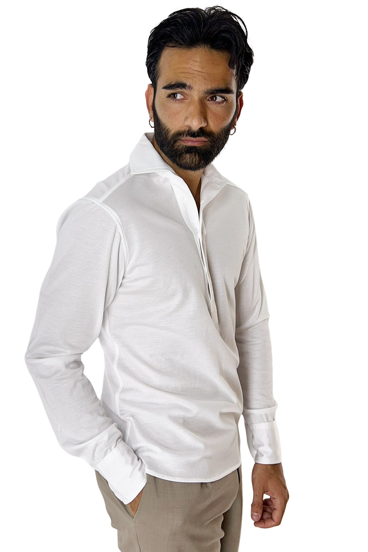 Polo camicia da uomo bianca trattamento stone wash manica lunga in piquet cotone 100% Canclini