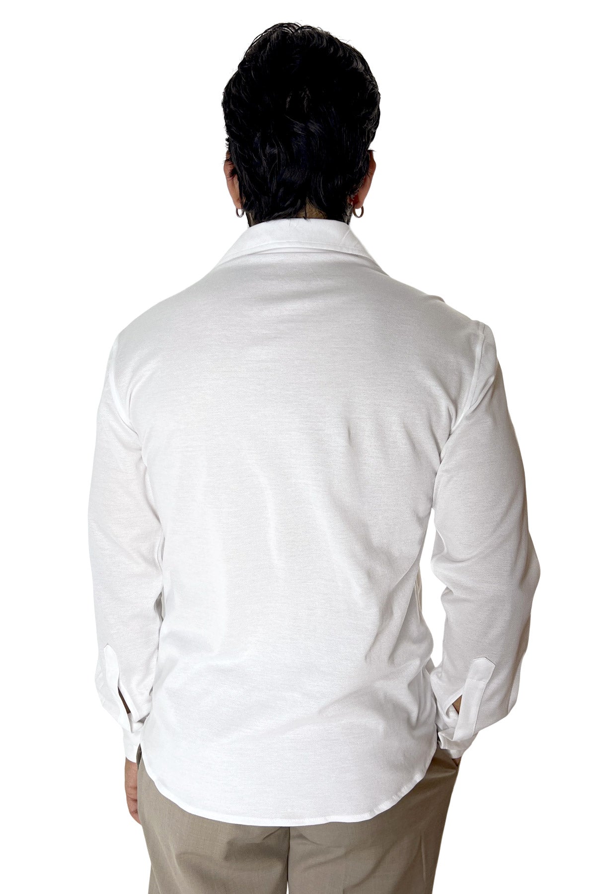 Polo camicia da uomo bianca trattamento stone wash manica lunga in piquet cotone 100% Canclini