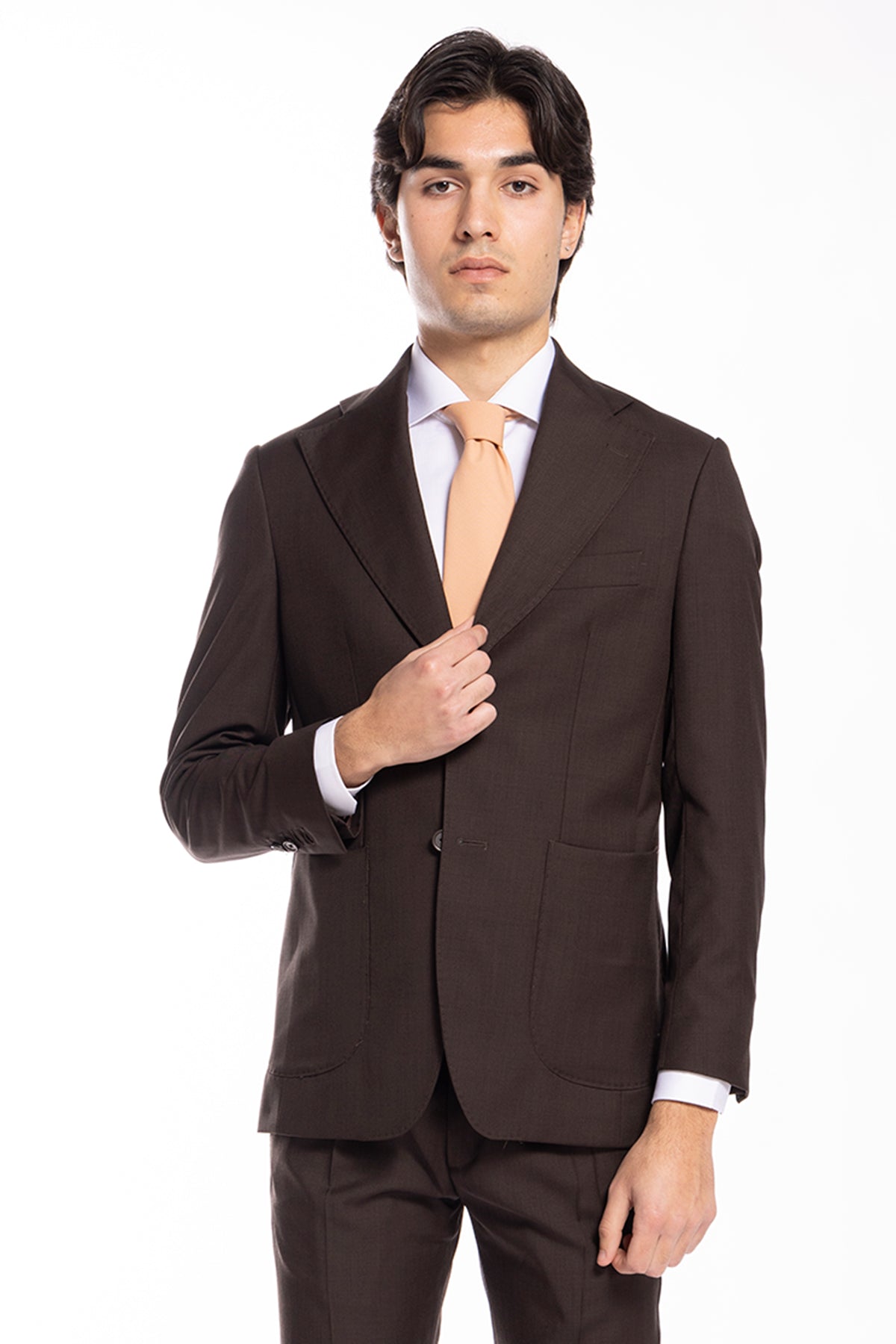 Giacca uomo monopetto marrone in fresco lana super 120's Rever largo tasche a toppe Holland & Sherry