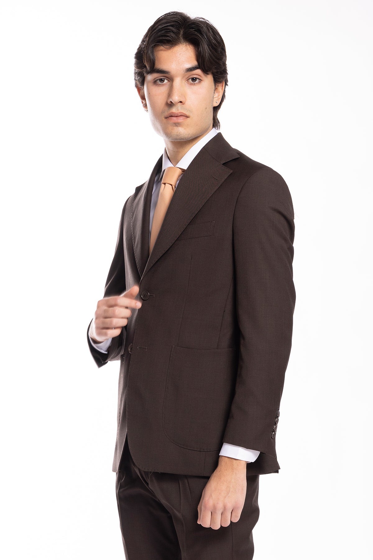 Giacca uomo monopetto marrone in fresco lana super 120's Rever largo tasche a toppe Holland & Sherry