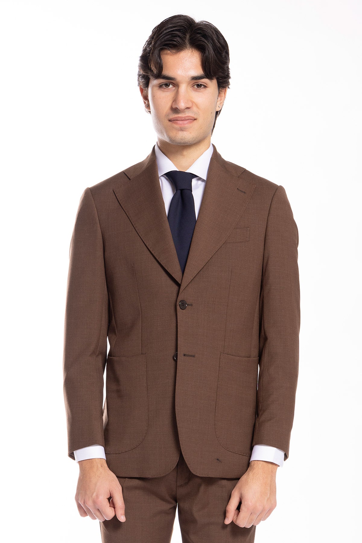 Giacca uomo monopetto marrone Effetto fresco lana Rever largo tasche a toppe vestibilità regular fit