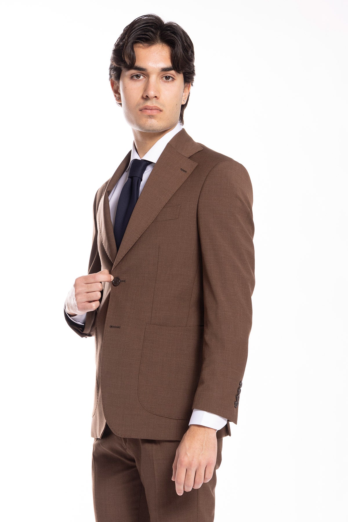 Giacca uomo monopetto marrone Effetto fresco lana Rever largo tasche a toppe vestibilità regular fit