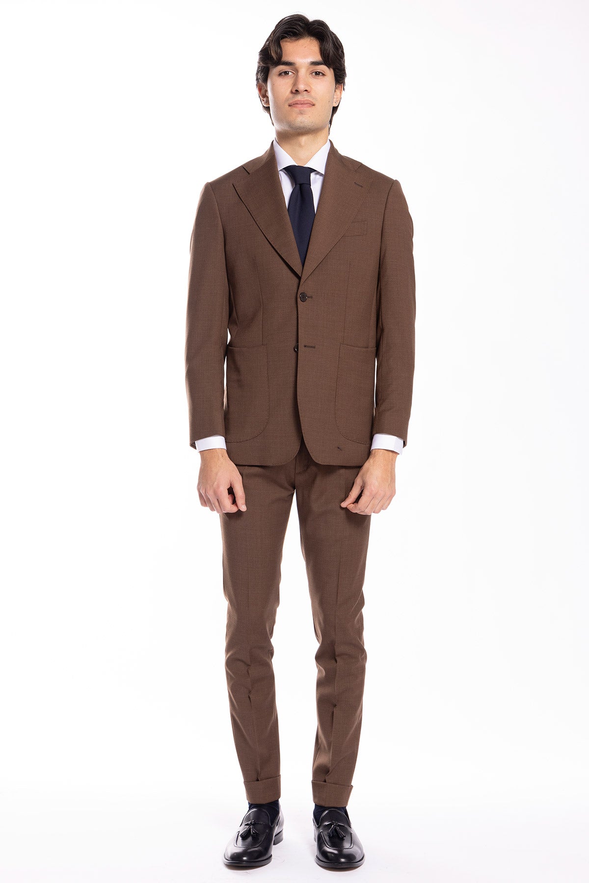 Giacca uomo monopetto marrone Effetto fresco lana Rever largo tasche a toppe vestibilità regular fit