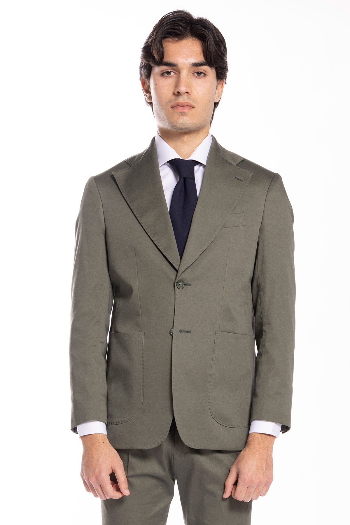 Giacca uomo monopetto verde militare  in cotone Rever largo tasche a toppe vestibilità regular fit