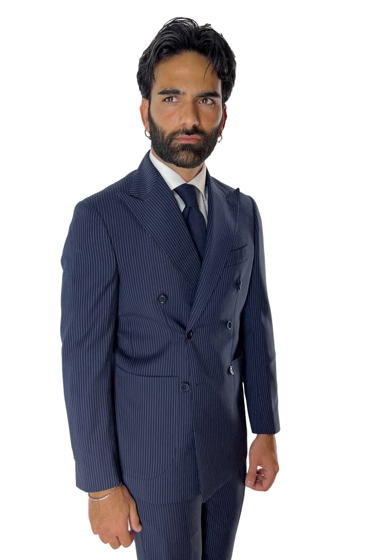 Giacca uomo doppiopetto navy blu con riga stretta in fresco lana misto Rever a lancia tasche a toppe