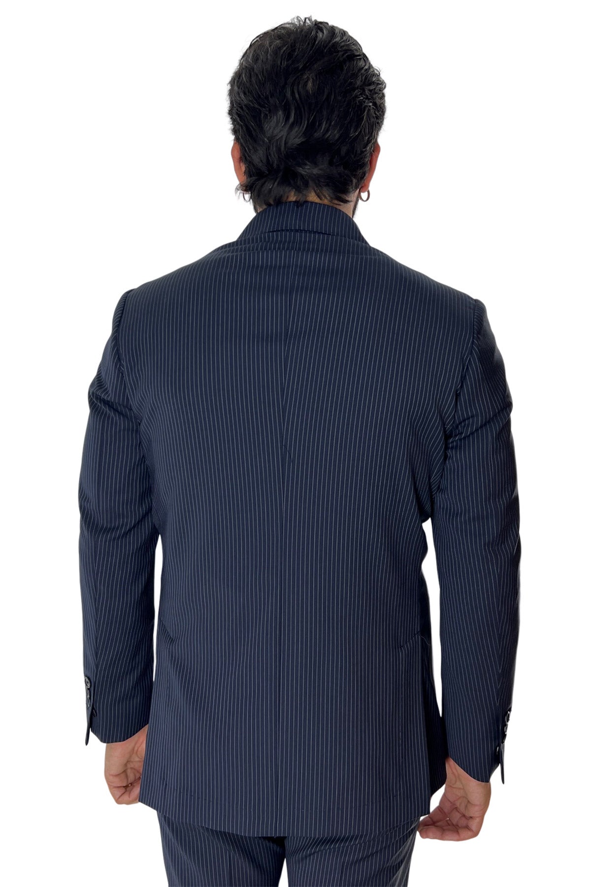 Giacca uomo doppiopetto navy blu con riga stretta in fresco lana misto Rever a lancia tasche a toppe