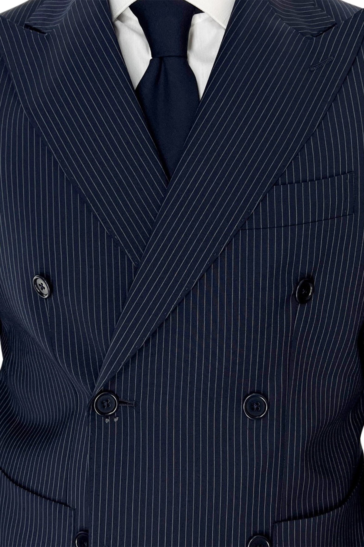 Giacca uomo doppiopetto navy blu con riga stretta in fresco lana misto Rever a lancia tasche a toppe
