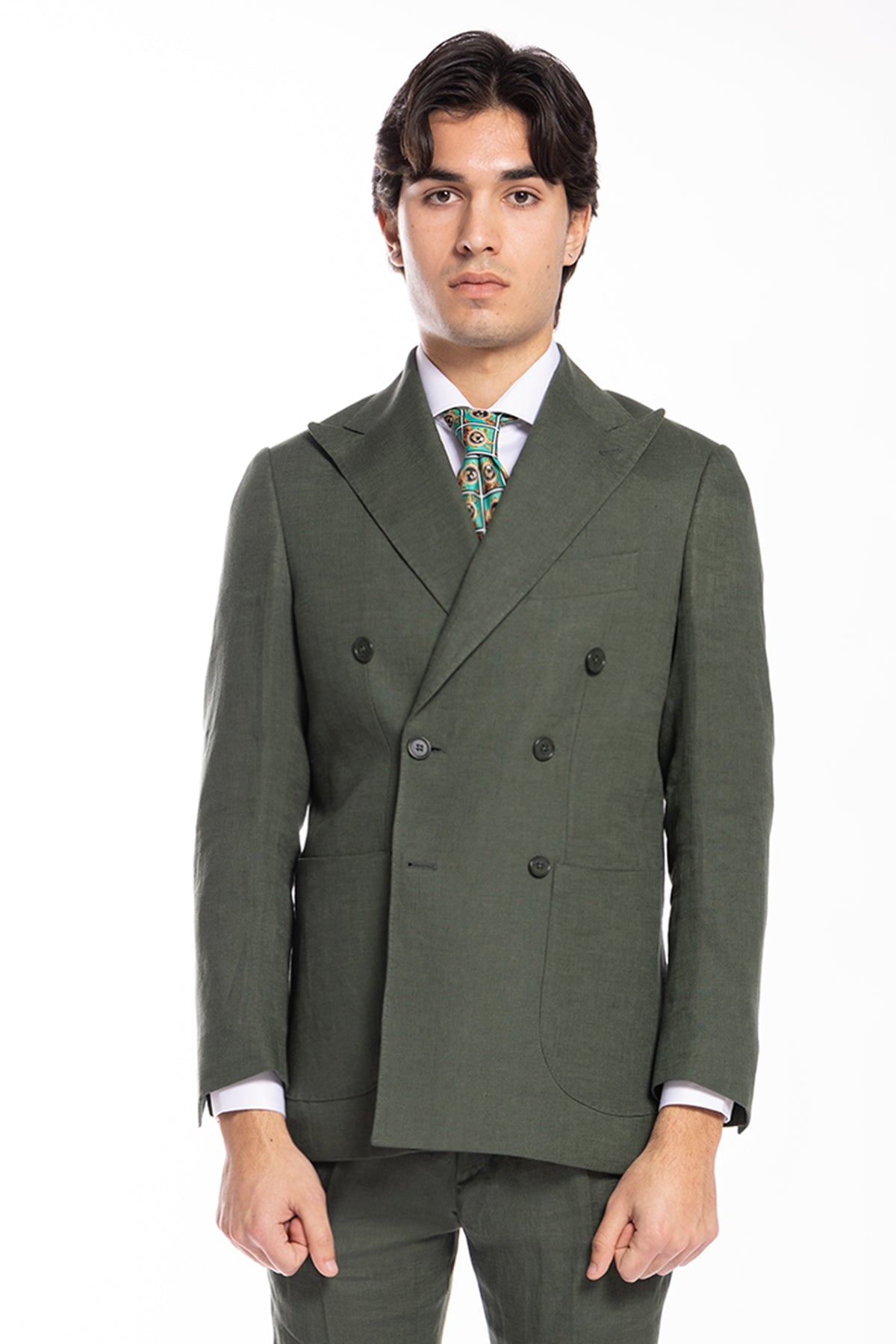 Abito uomo doppiopetto verde militare in lino al 100% Rever a lancia tasche a toppe