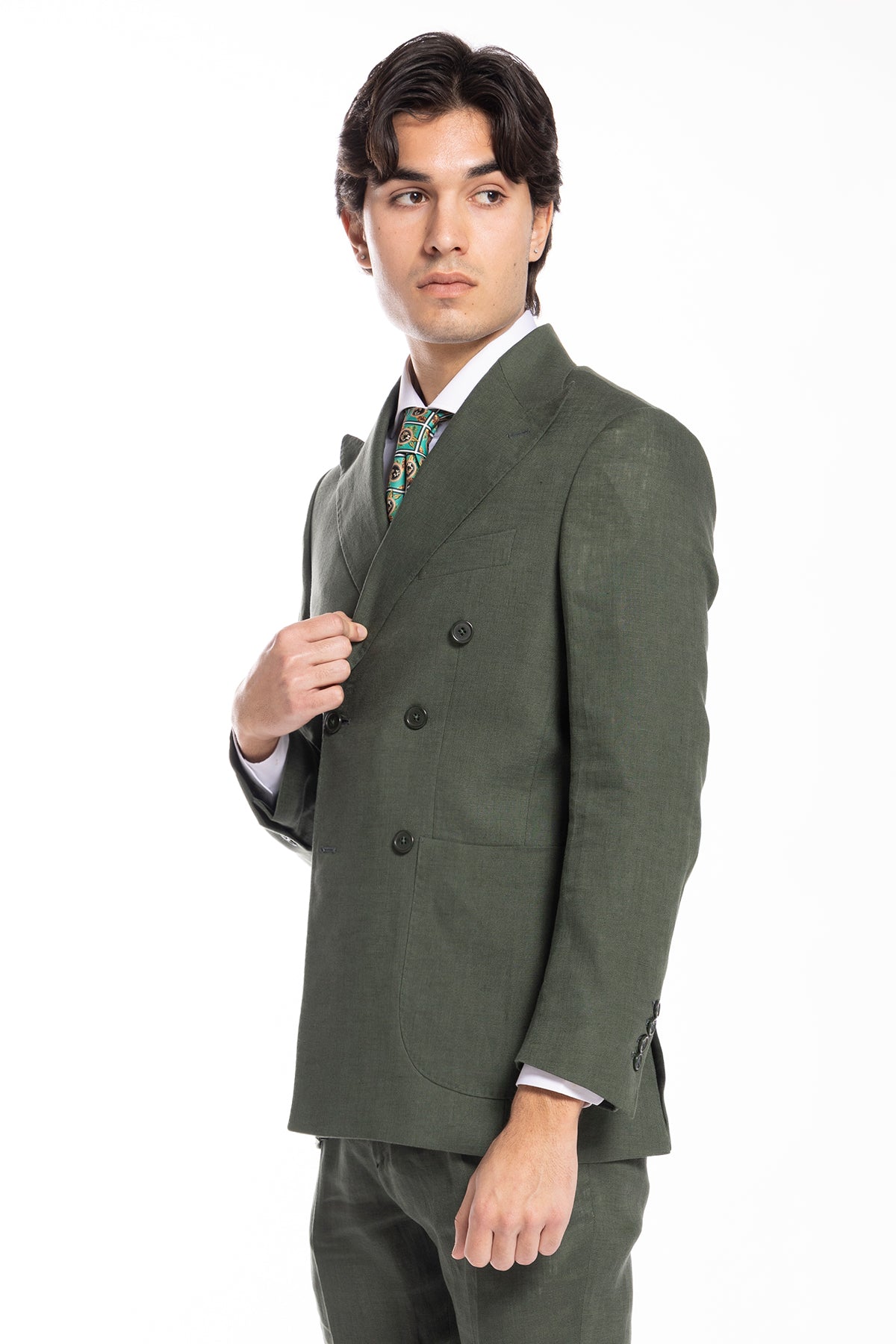 Giacca uomo doppiopetto verde militare in lino al 100% Rever a lancia tasche a toppe