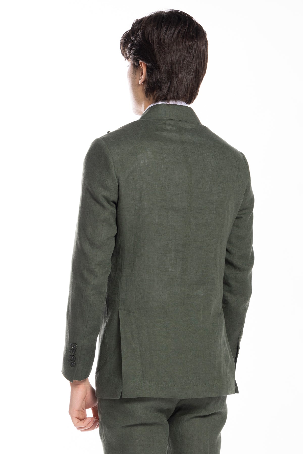Abito uomo doppiopetto verde militare in lino al 100% Rever a lancia tasche a toppe