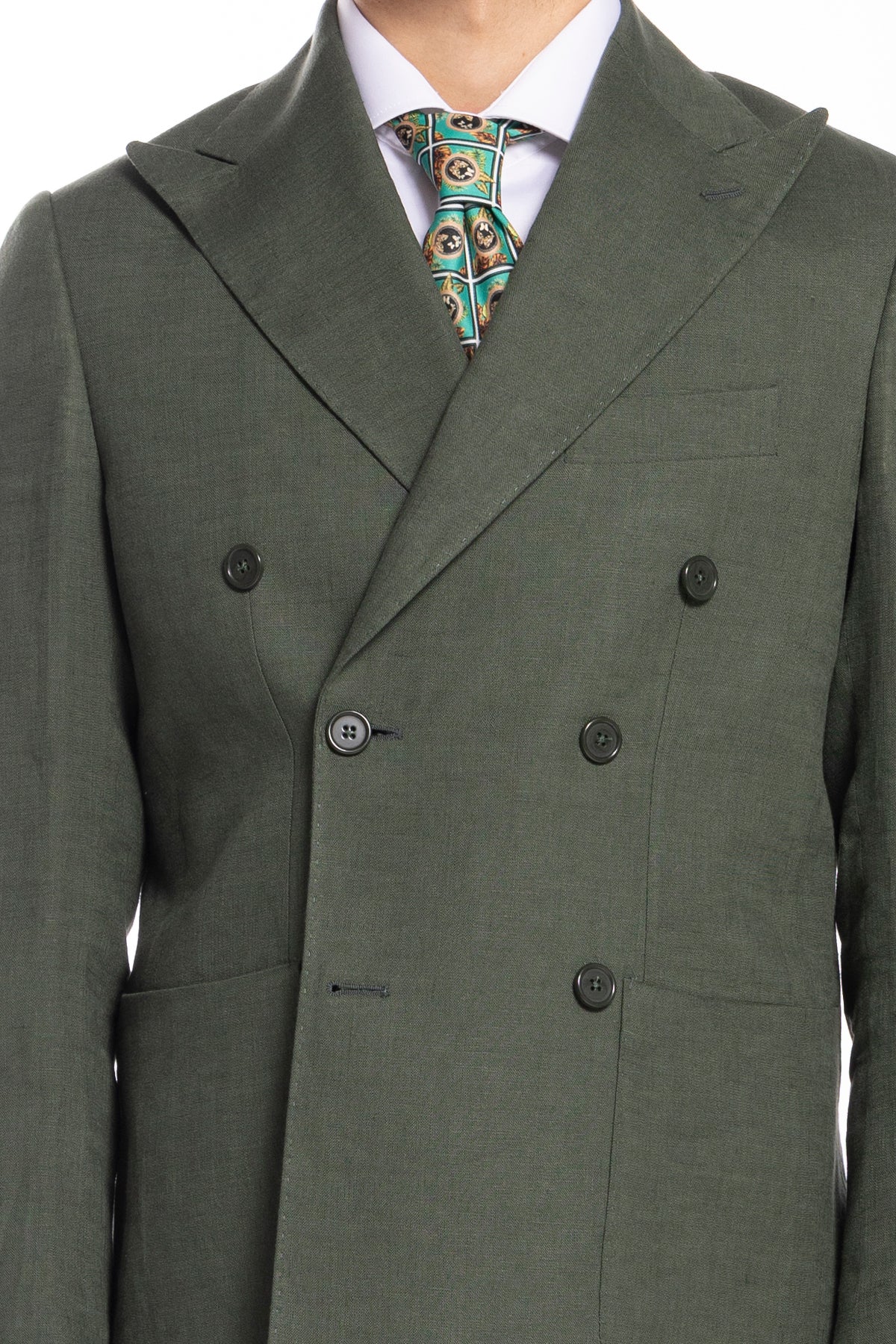 Giacca uomo doppiopetto verde militare in lino al 100% Rever a lancia tasche a toppe