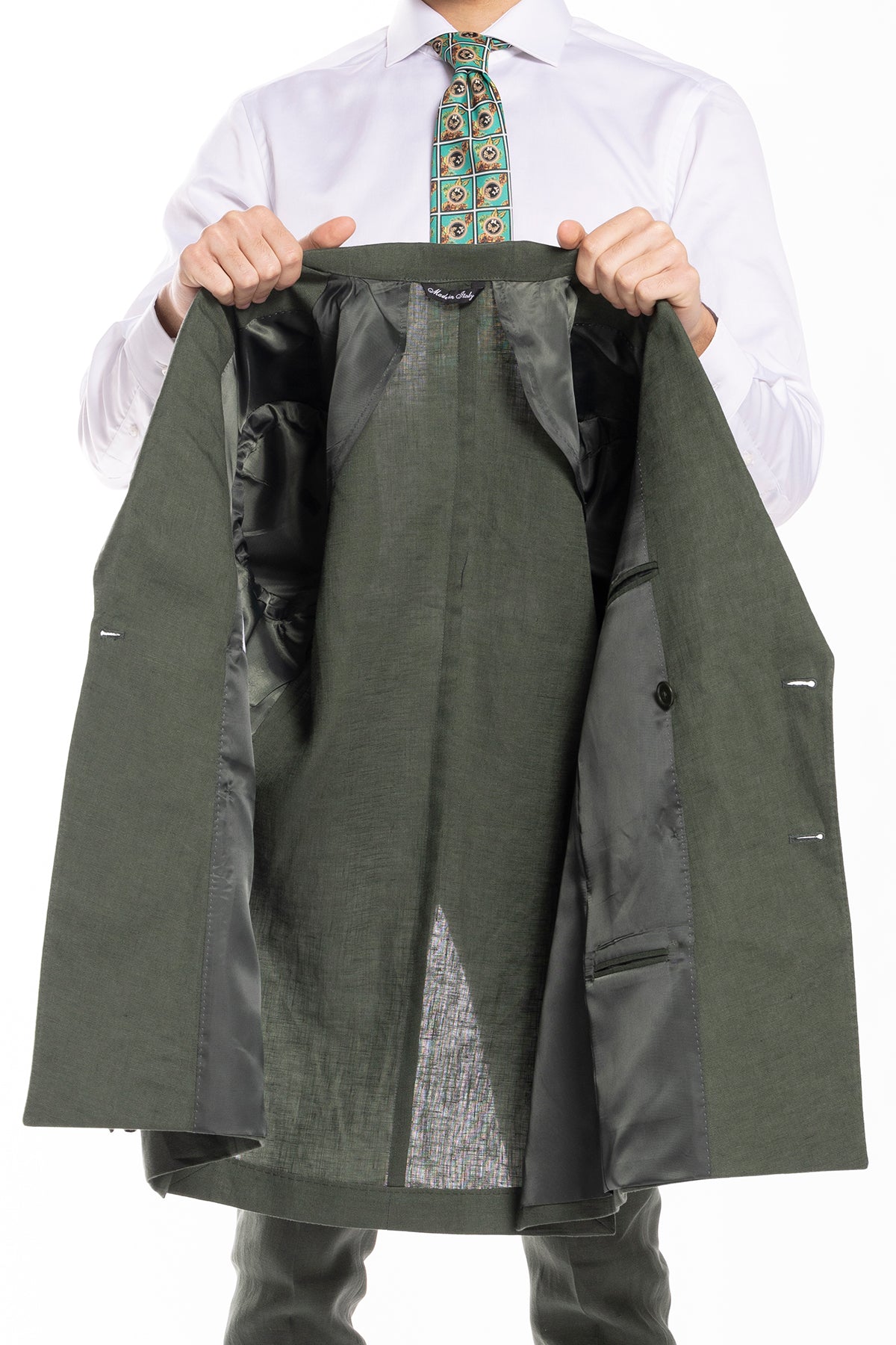 Abito uomo doppiopetto verde militare in lino al 100% Rever a lancia tasche a toppe