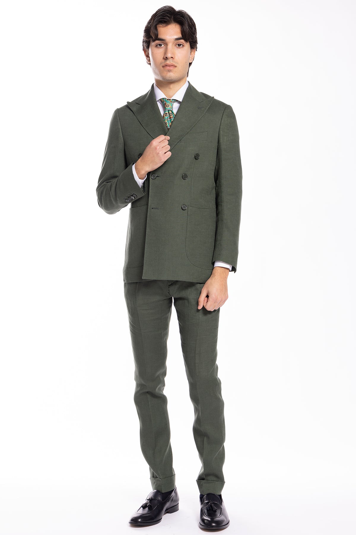 Giacca uomo doppiopetto verde militare in lino al 100% Rever a lancia tasche a toppe
