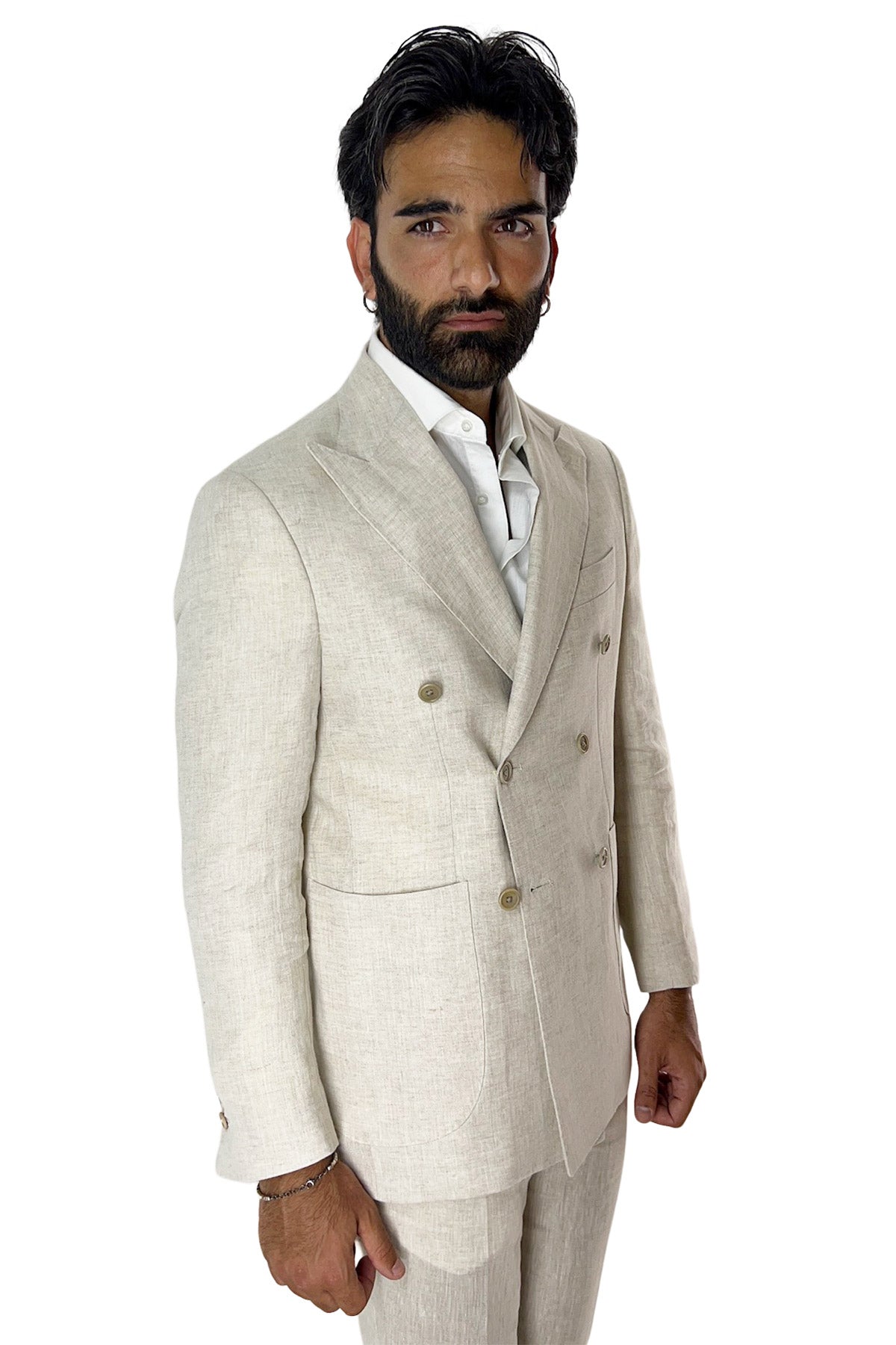 Giacca uomo doppiopetto beige in lino al 100% Rever a lancia tasche a toppe