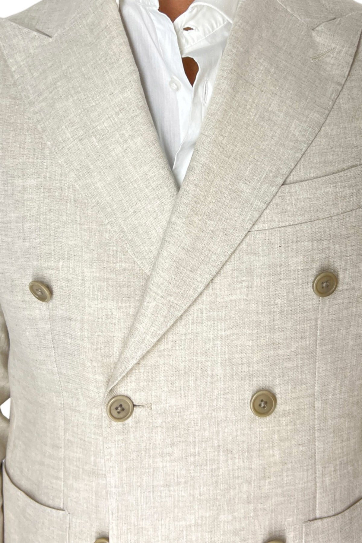Giacca uomo doppiopetto beige in lino al 100% Rever a lancia tasche a toppe