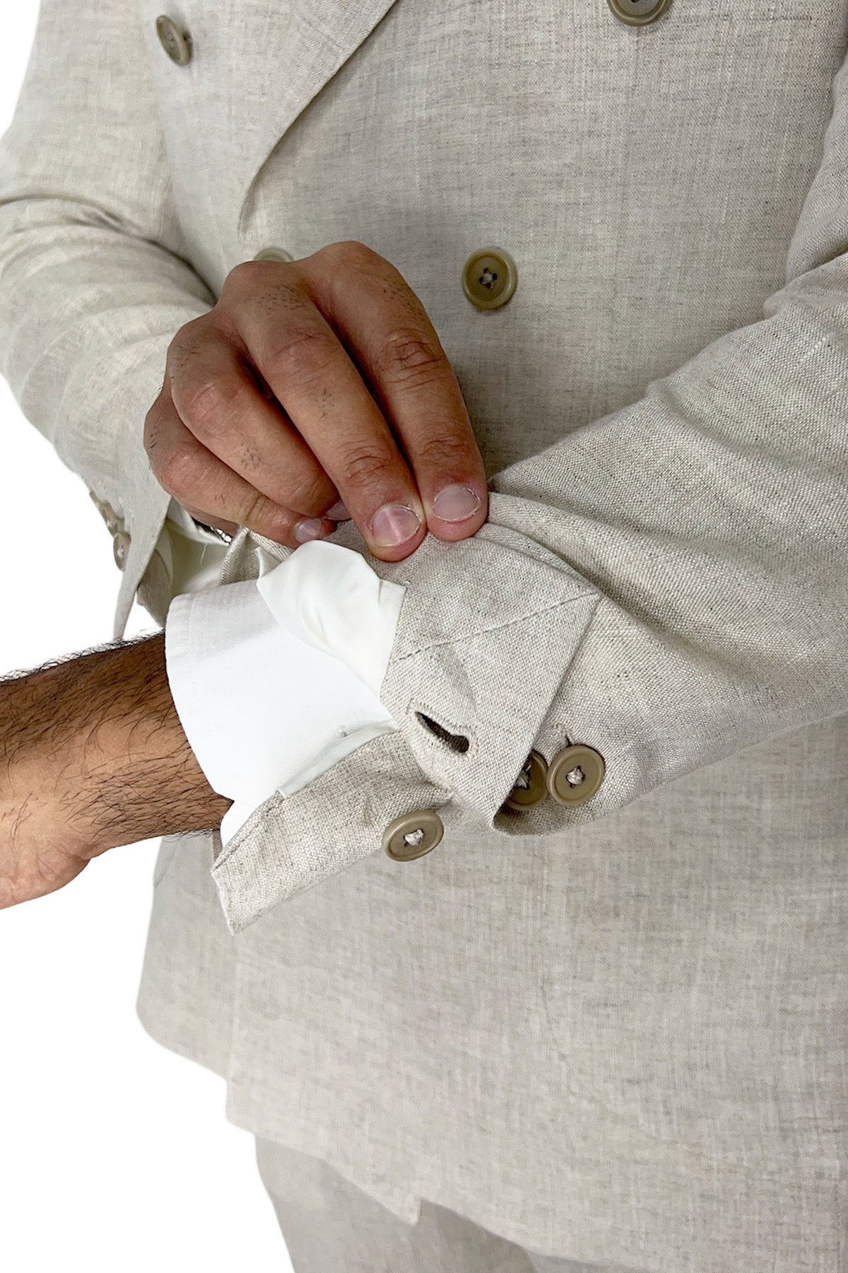 Giacca uomo doppiopetto beige in lino al 100% Rever a lancia tasche a toppe