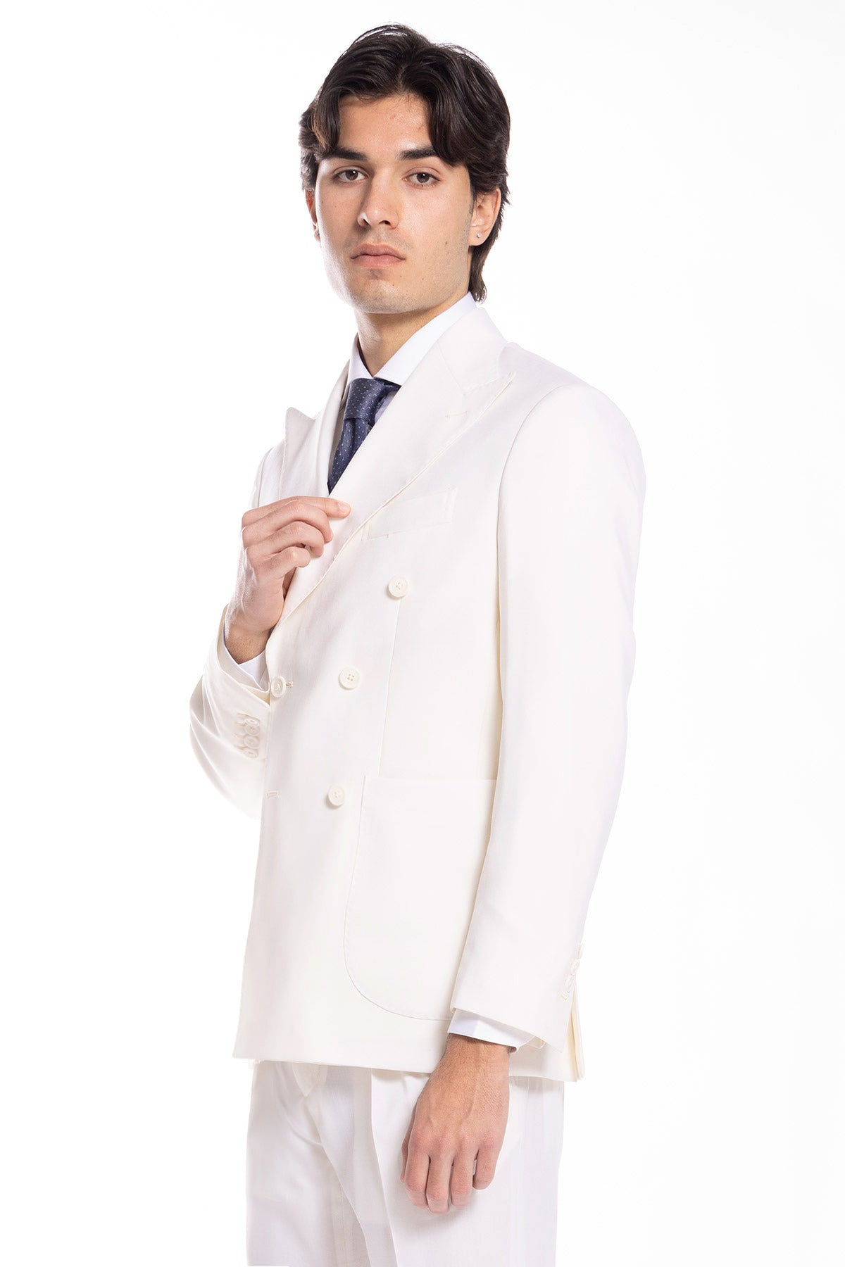 Giacca uomo doppiopetto panna in fresco lana al 100% super 130's Rever a lancia tasche a toppe