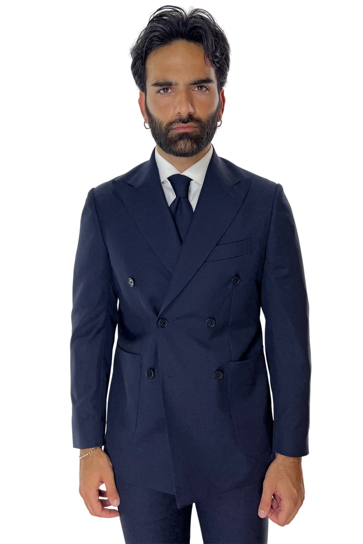 Giacca uomo doppiopetto navy blu in fresco lana super 120's Rever a lancia tasche a toppe Holland & Sherry