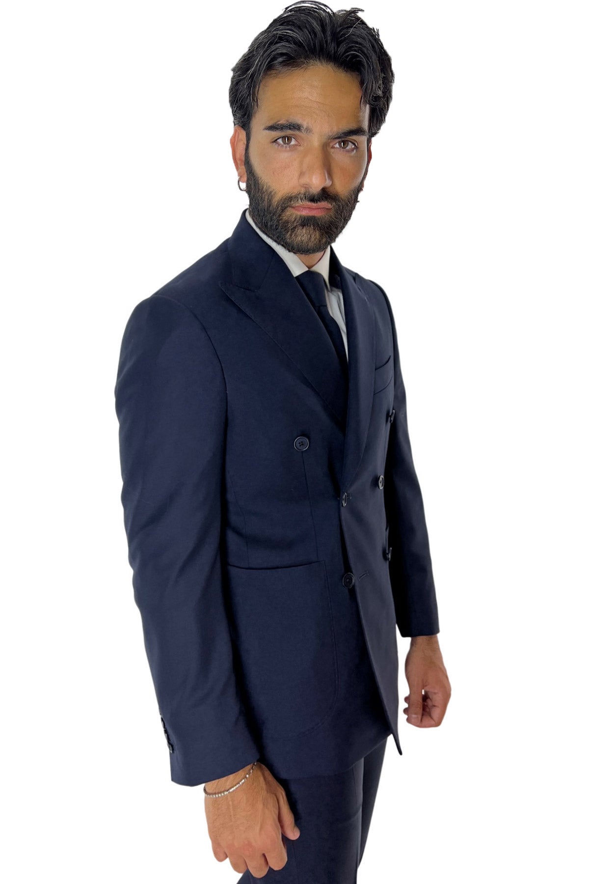 Giacca uomo doppiopetto navy blu in fresco lana super 120's Rever a lancia tasche a toppe Holland & Sherry