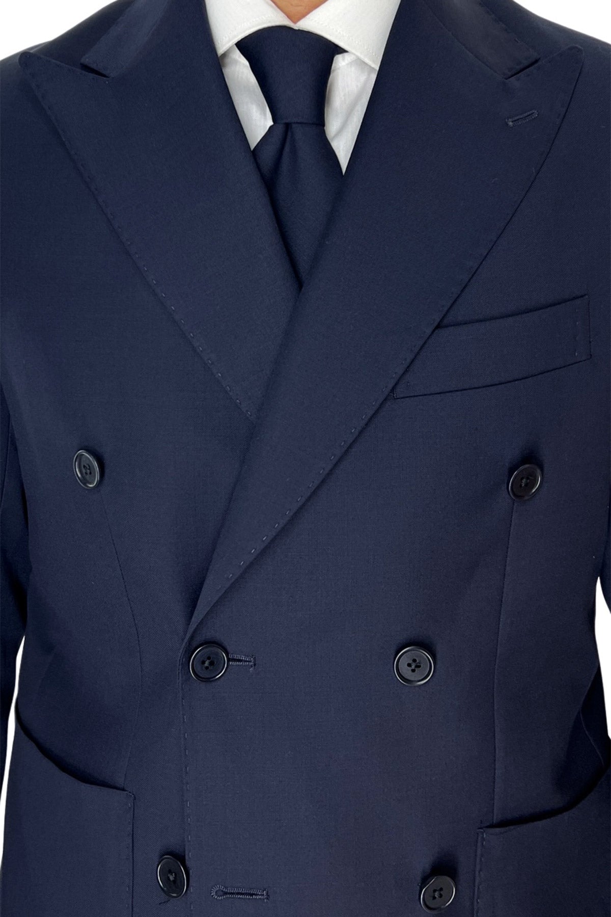 Giacca uomo doppiopetto navy blu in fresco lana super 120's Rever a lancia tasche a toppe Holland & Sherry