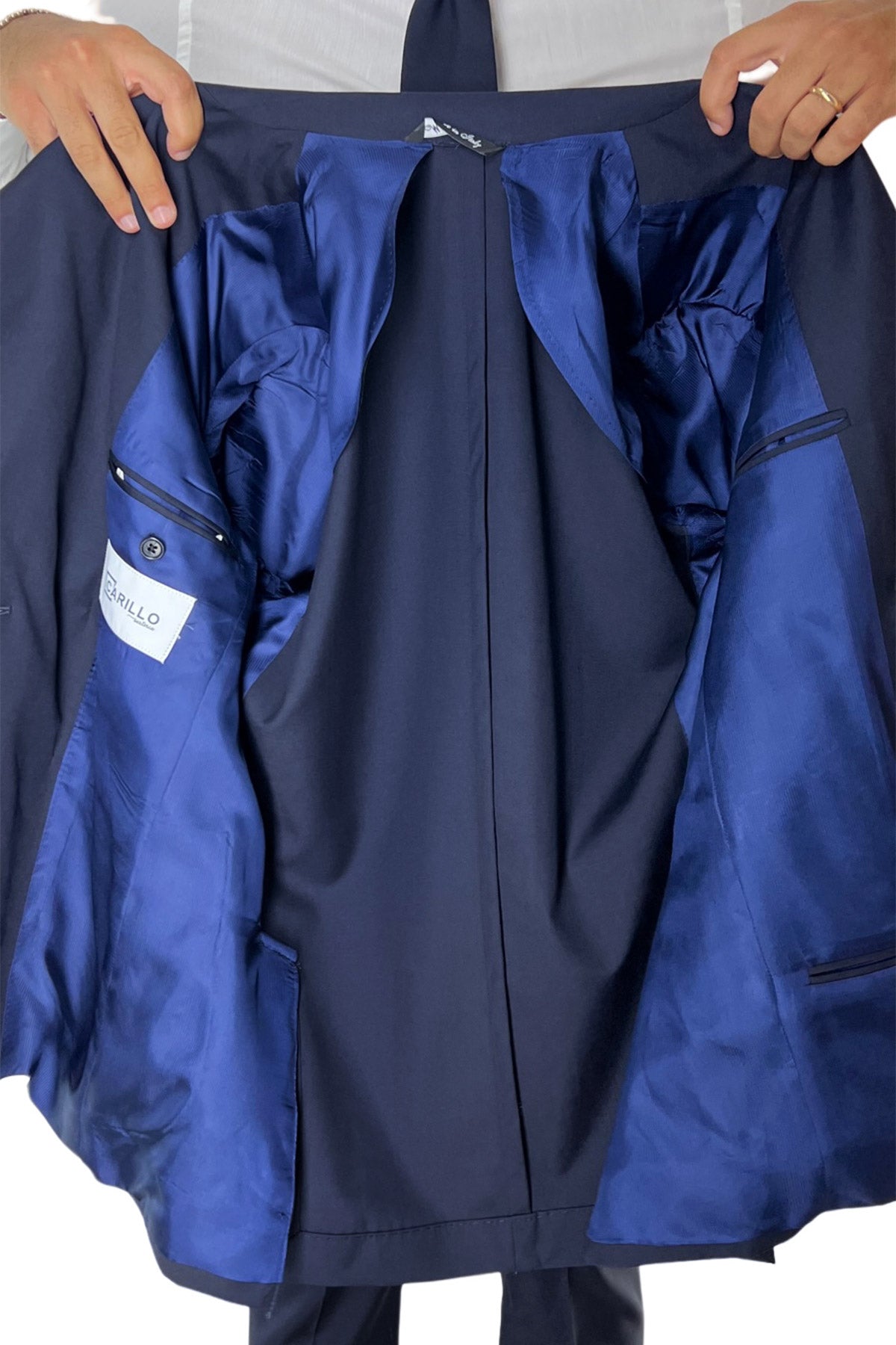 Giacca uomo doppiopetto navy blu in fresco lana super 120's Rever a lancia tasche a toppe Holland & Sherry