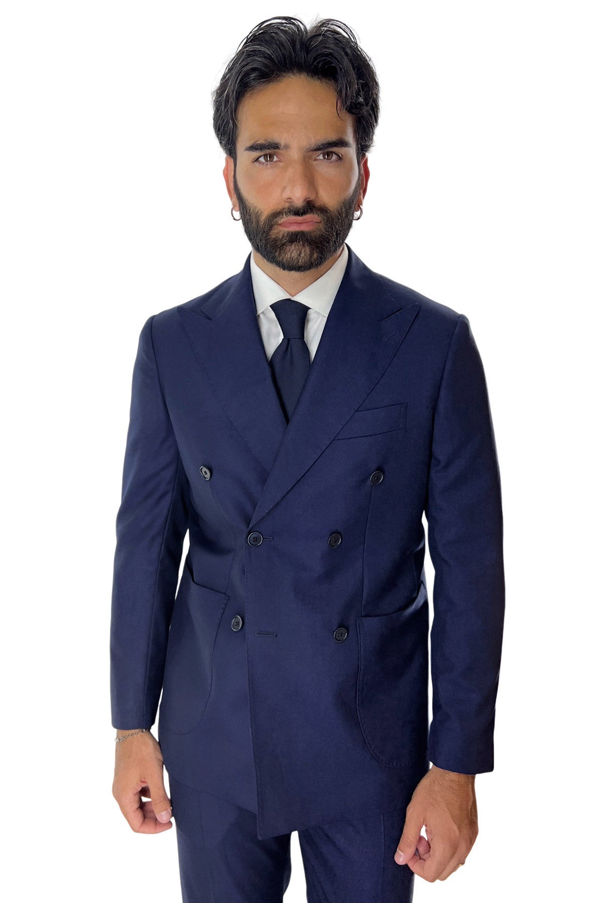Abito uomo doppiopetto navy blu in fresco lana super 140's Rever a lancia tasche a toppe Holland & Sherry