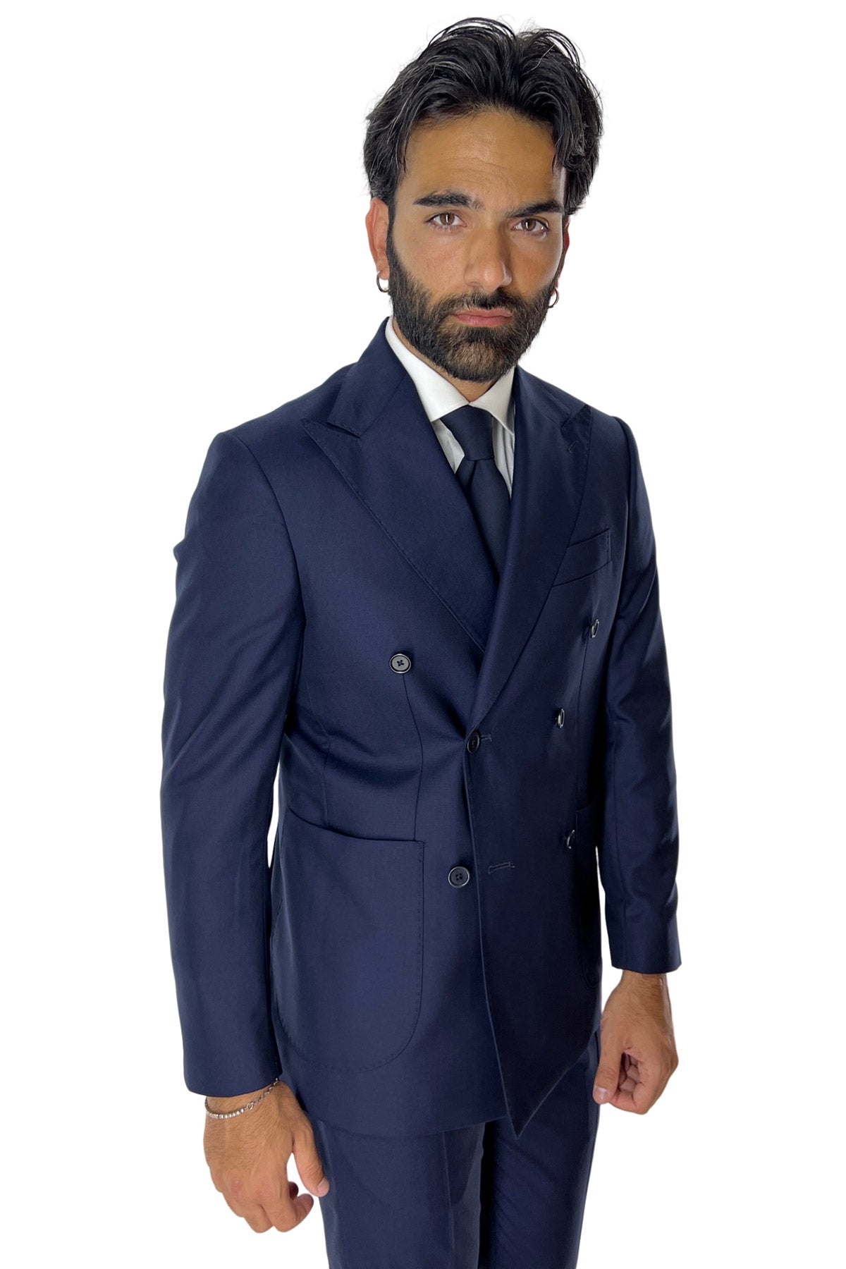 Abito uomo doppiopetto navy blu in fresco lana super 140's Rever a lancia tasche a toppe Holland & Sherry