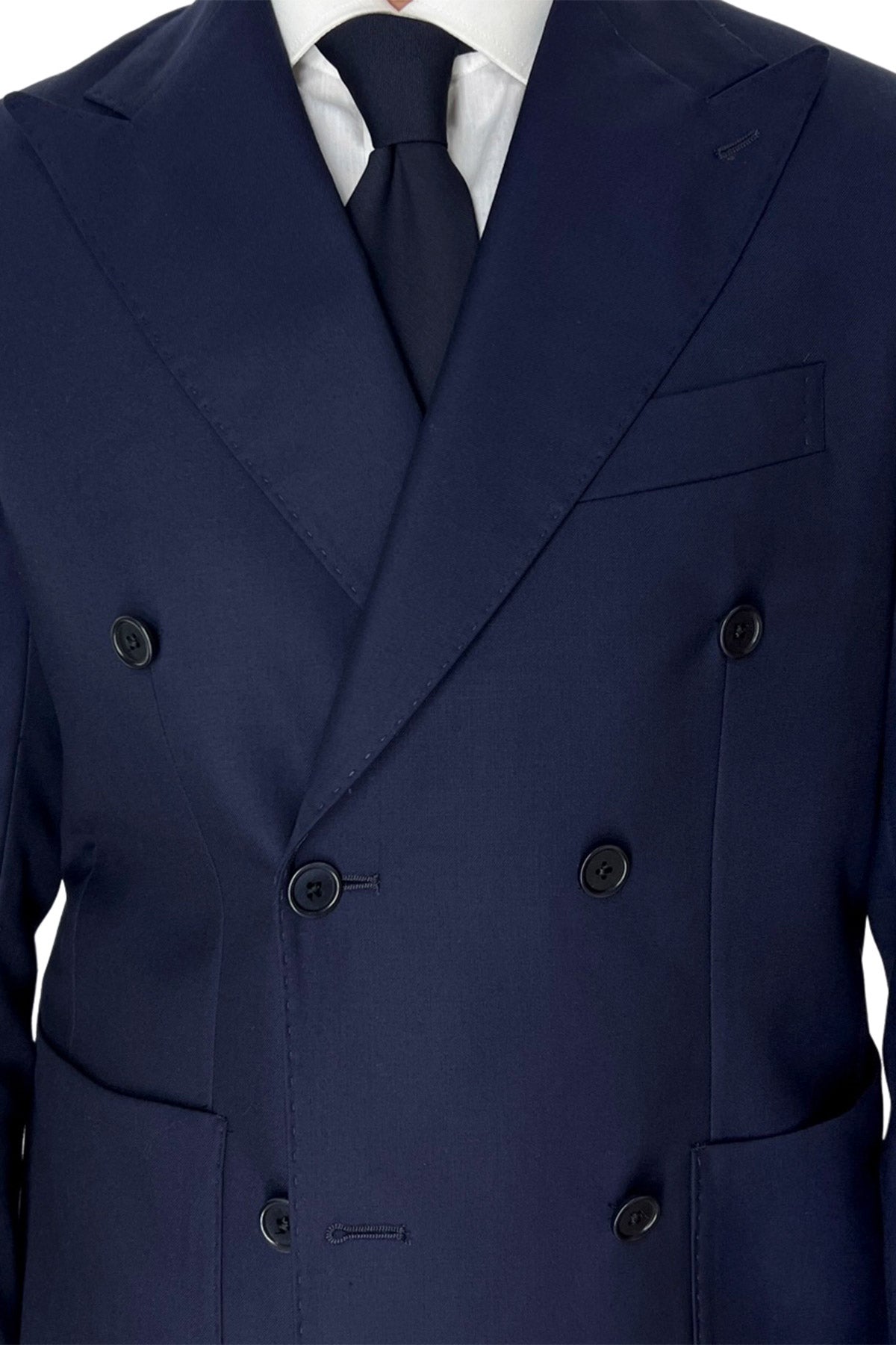 Giacca uomo doppiopetto navy blu in fresco lana super 140's Rever a lancia tasche a toppe Holland & Sherry
