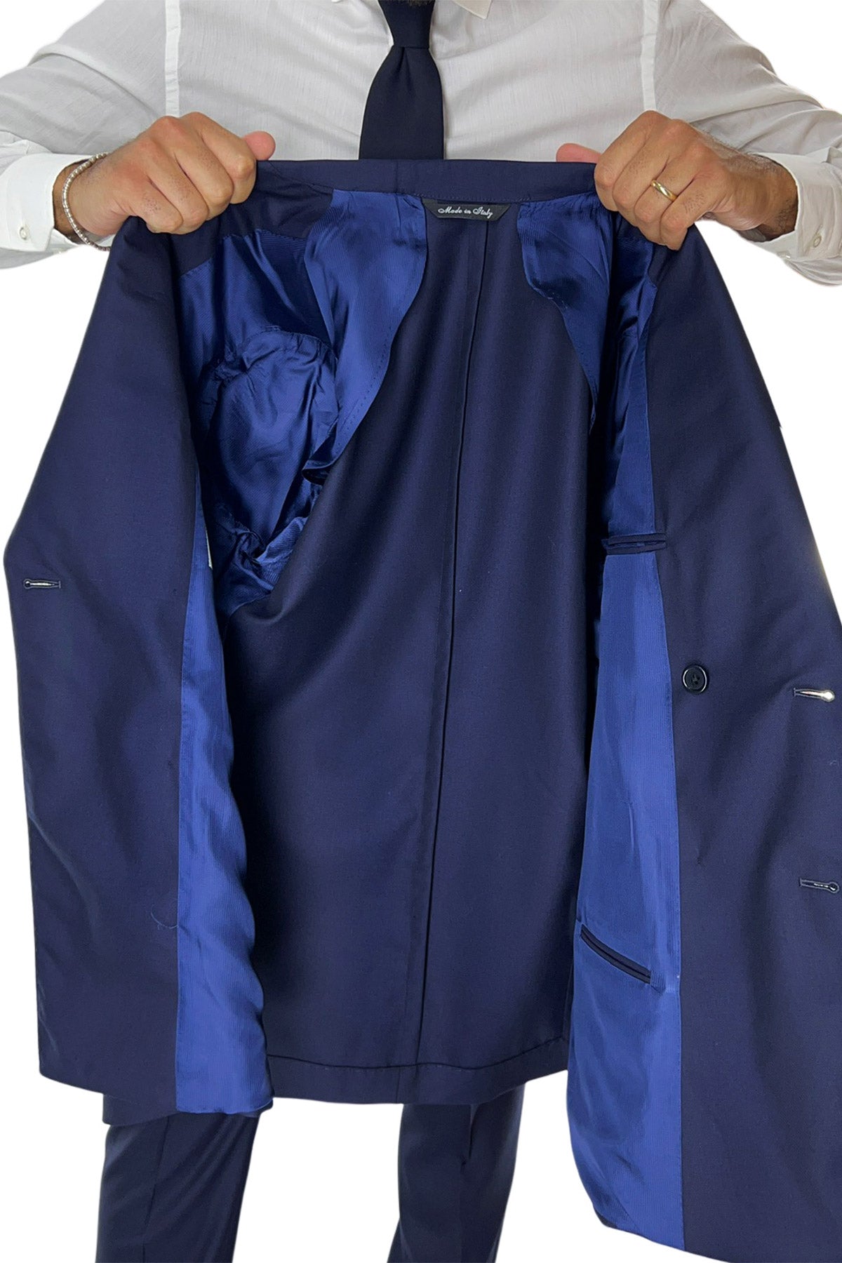 Giacca uomo doppiopetto navy blu in fresco lana super 140's Rever a lancia tasche a toppe Holland & Sherry
