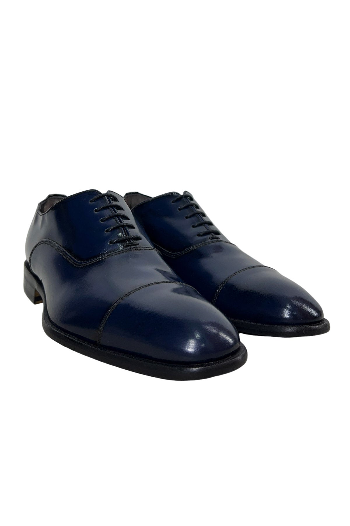 Scarpe stringate da uomo navy blu modello oxford in vera pelle con chiusura lacci e suola in cuoio
