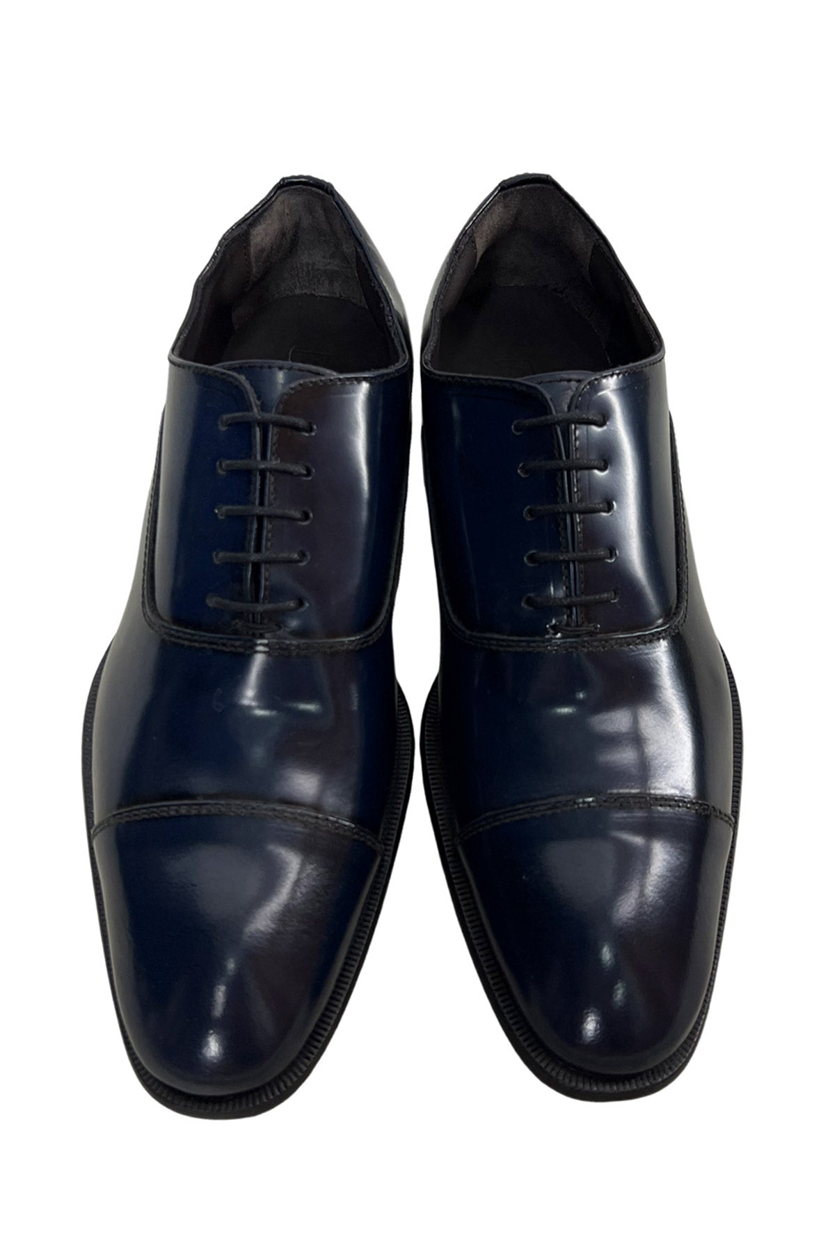 Scarpe stringate da uomo navy blu modello oxford in vera pelle con chiusura lacci e suola in cuoio