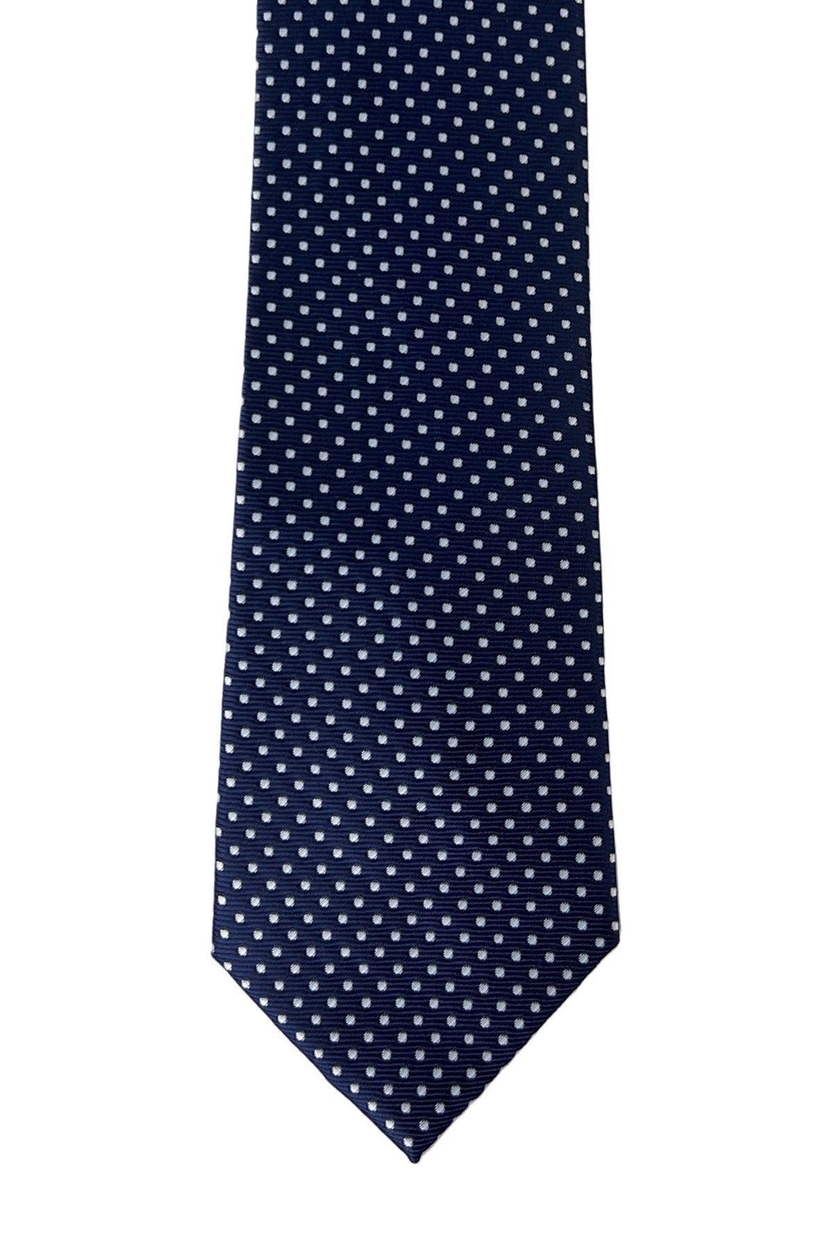 Cravatta uomo blu fantasia Pois piccoli bianchi 8cm da cerimonia elegante effetto seta