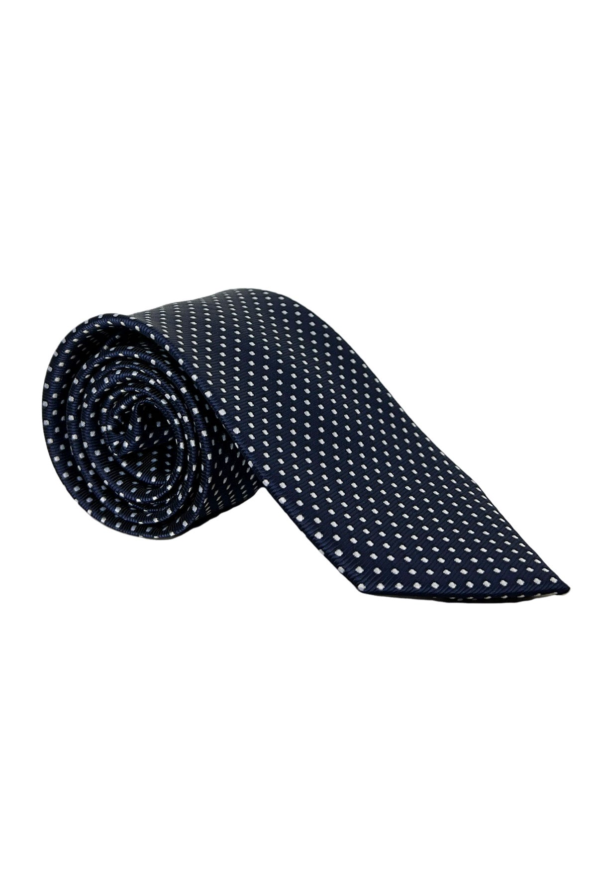 Cravatta uomo blu fantasia Pois piccoli bianchi 8cm da cerimonia elegante effetto seta