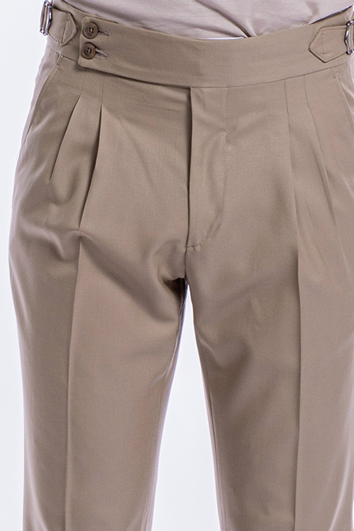 Pantalone uomo Beige vita alta doppia pinces in fresco lana super 140's Holland & Sherry con fibbiel laterali