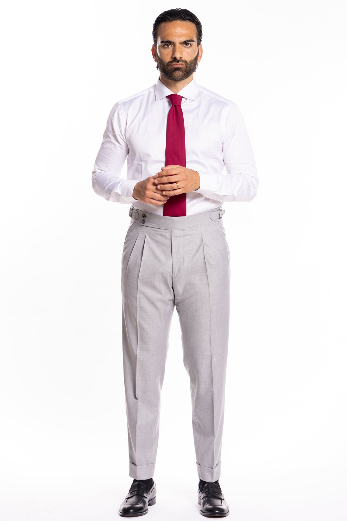 Pantalone uomo grigio chiaro vita alta doppia pinces in fresco lana super 140's Holland & Sherry risvolto 5cm