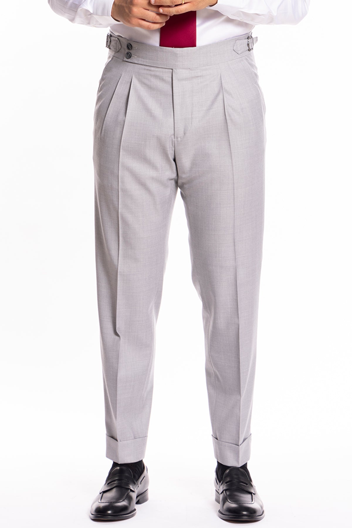 Pantalone uomo grigio chiaro vita alta doppia pinces in fresco lana super 140's Holland & Sherry risvolto 5cm
