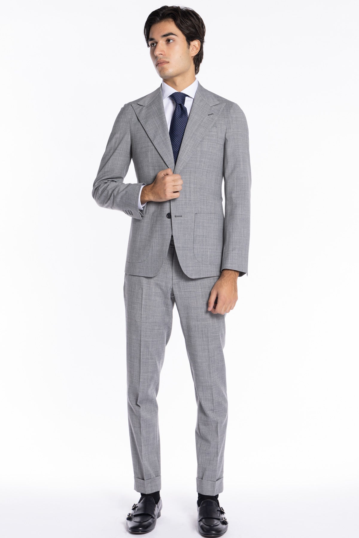 Giacca uomo monopetto grigio chiaro fresco lana mista Rever a lancia Tasche a toppe