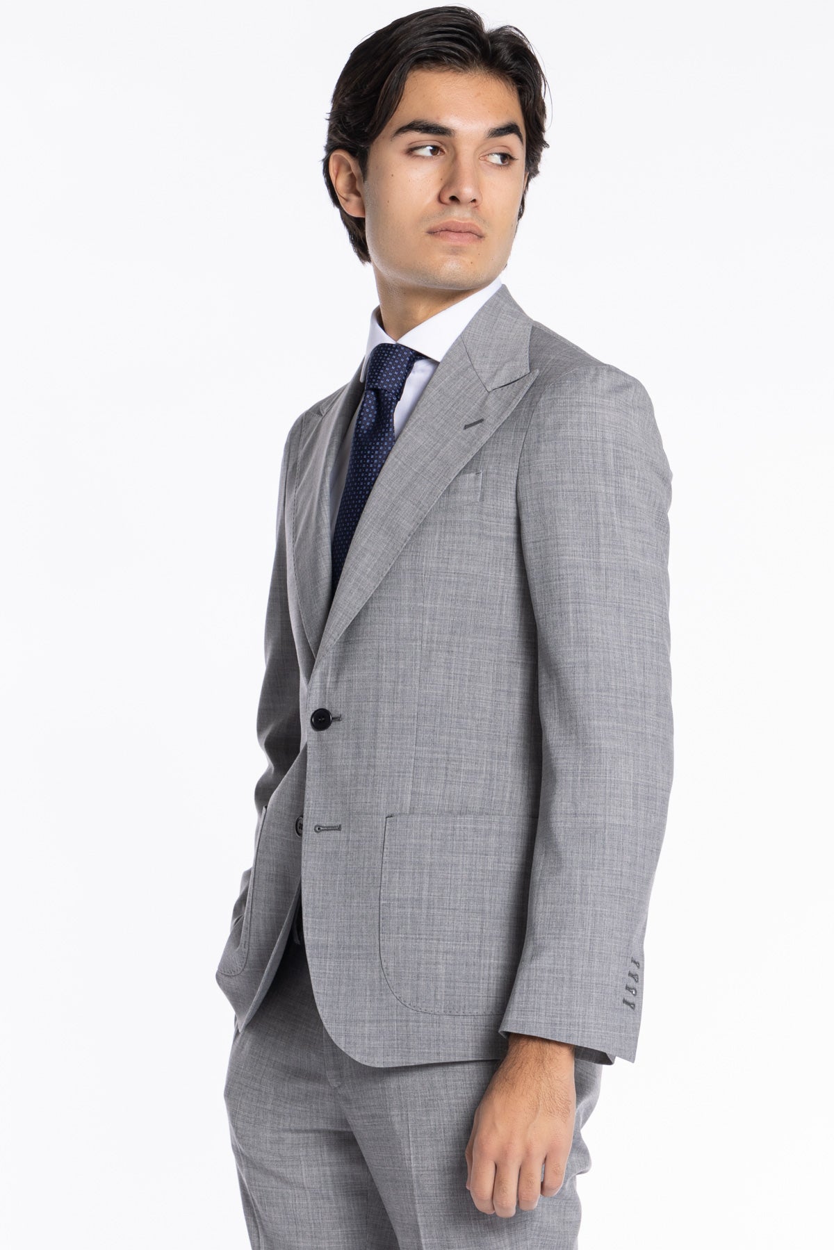 Giacca uomo monopetto grigio chiaro fresco lana mista Rever a lancia Tasche a toppe