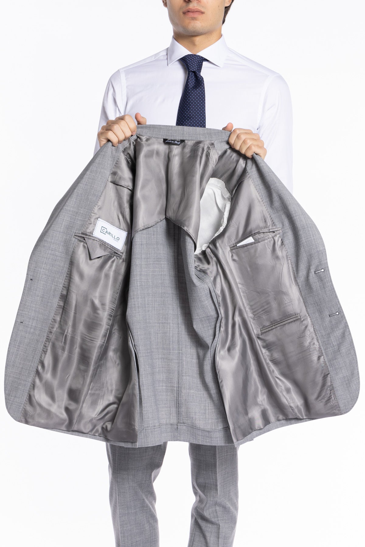 Giacca uomo monopetto grigio chiaro fresco lana mista Rever a lancia Tasche a toppe