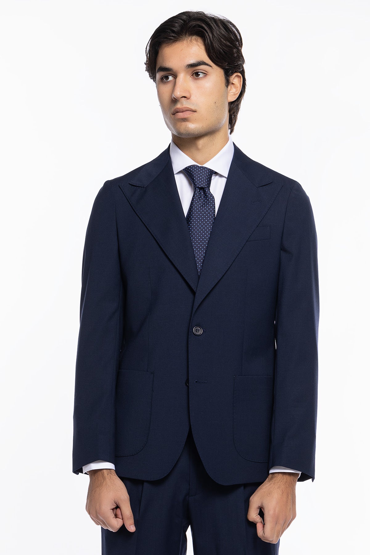 Giacca uomo monopetto navy blu fresco lana mista Rever a lancia tasche a toppe