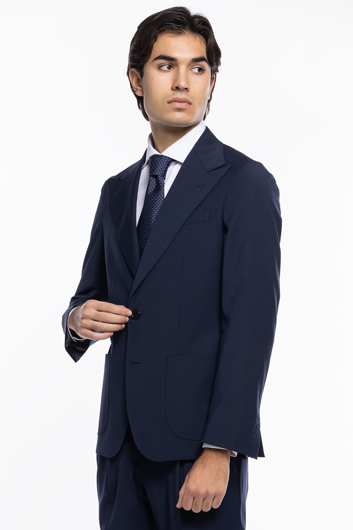 Giacca uomo monopetto navy blu fresco lana mista Rever a lancia tasche a toppe